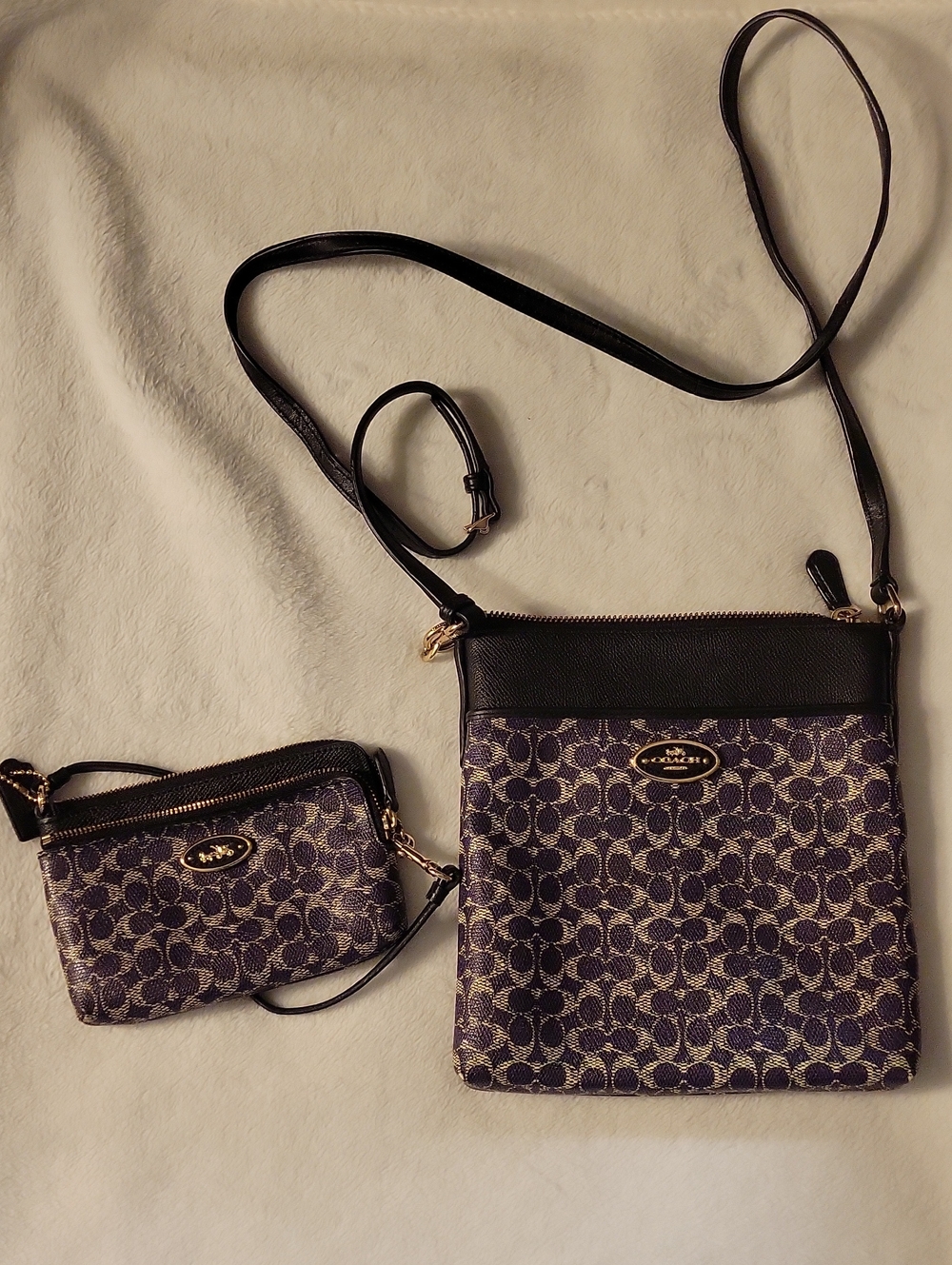Coach Monogram Crossbody and Wristlet in Dark Purple and Black